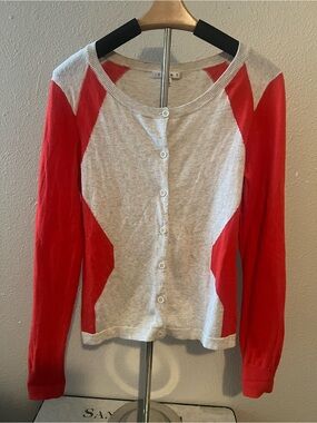 CAbi Hourglass Cardigan Sweater Coral Red Heather Grey Oatmeal XS